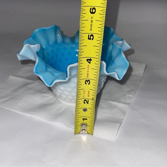 Kanawha Cased Blue & White Glass Hobnail Ruffled Bowl Vase Vintage Glass - Picture 9 of 14